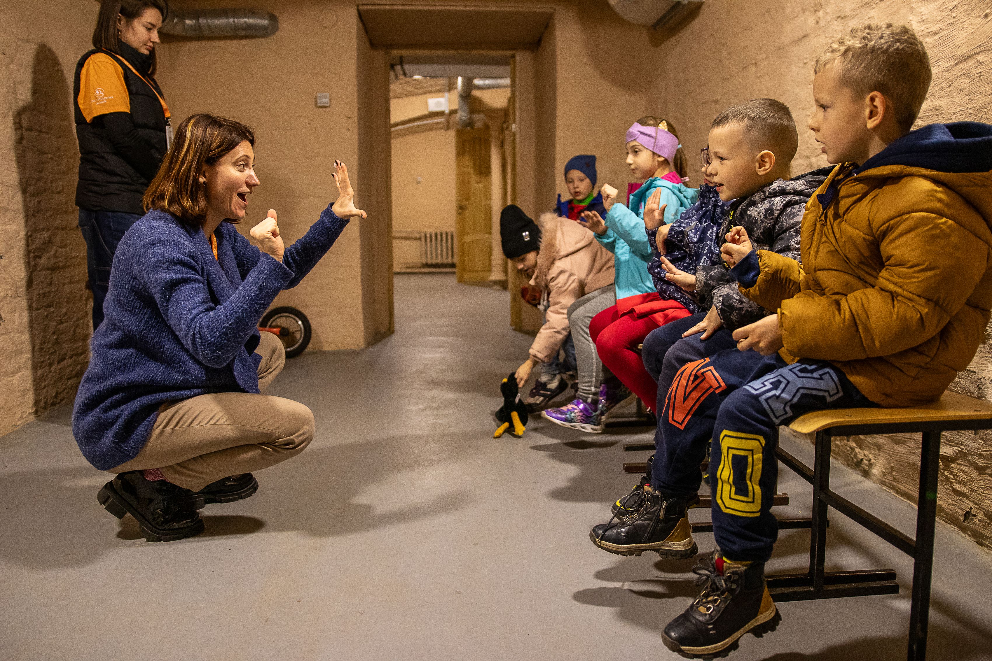 A child friendly space run by a local partner in a bomb shelter in Sumy, Ukraine.