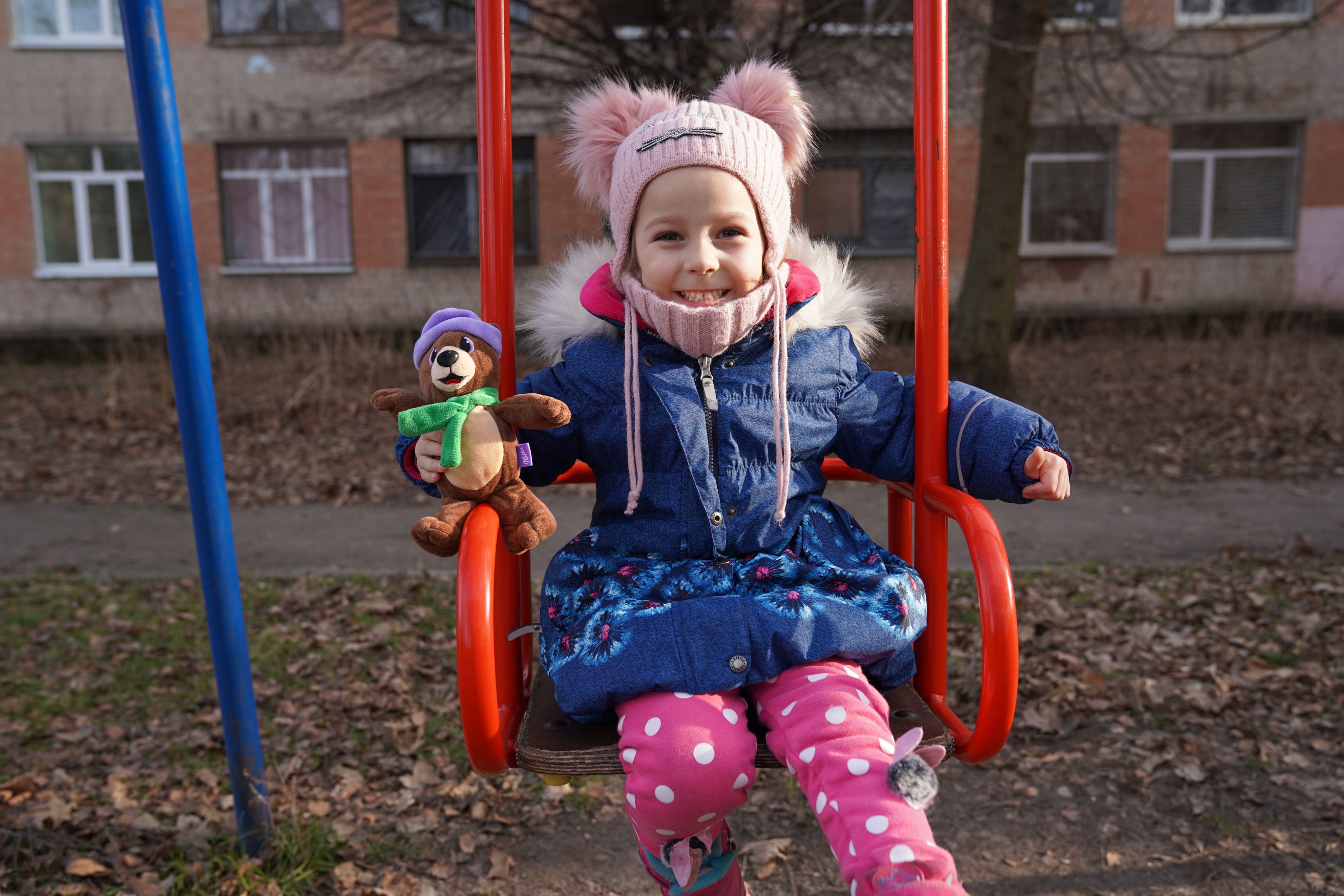 Playing in the playground in Dnipro, Ukraine.