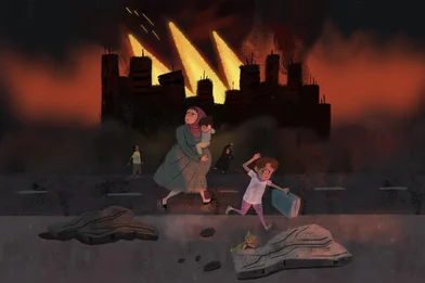 Gaza illustration showing pregnant mother fleeing from conflict scene, by Andrés Landazabal Gaza illustration showing pregnant mother fleeing from conflict scene, by Andrés Landazabal